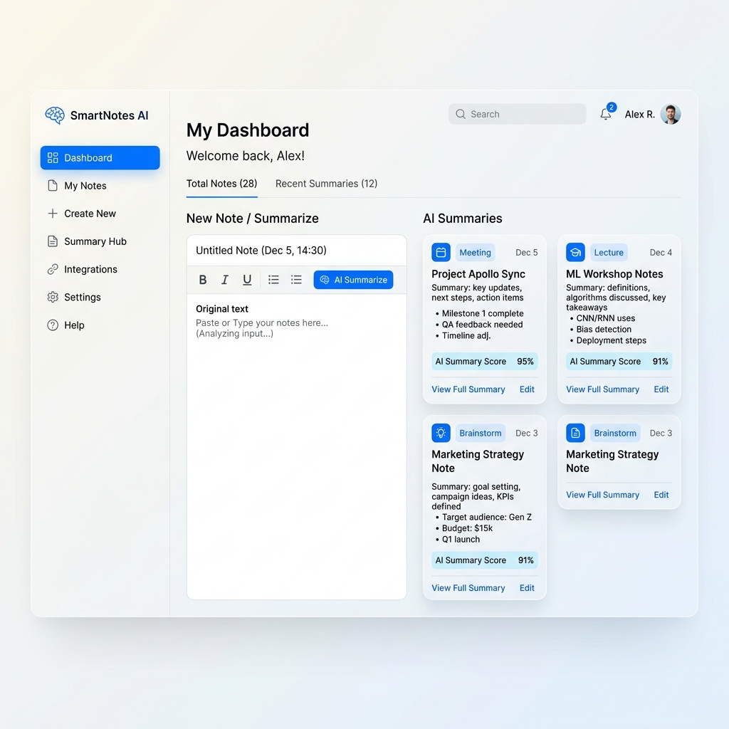 SmartNotes AI Summarizer Dashboard Mockup